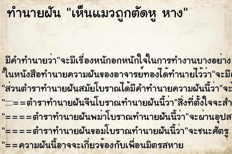 ทำนายฝันเห็นแมวถูกตัดหูหาง ทำนายฝันทำนายฝันเห็นแมวถูกตัดหูหาง